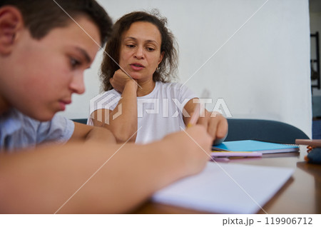 Teacher guiding student during individual tutoring session at school 119906712