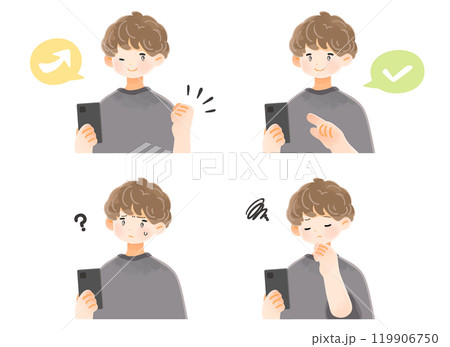 スマートフォンを持つ若い男性の表情セット スマートフォンを持つ若い男性の表情セット 119906750