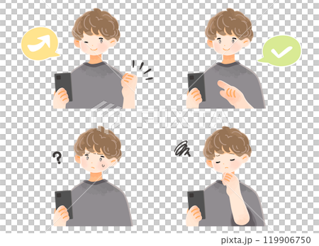 スマートフォンを持つ若い男性の表情セット スマートフォンを持つ若い男性の表情セット 119906750