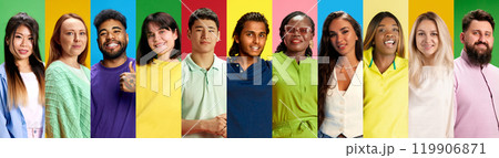 Banner. Striped photocollage of young diverse people showing positive energy against colorful background. Trendy colors. 119906871