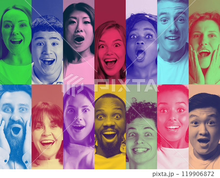 Unity and Diversity. Collage. Emotional young people, men and women looking at camera with different expression. Colorful monochrome. 119906872