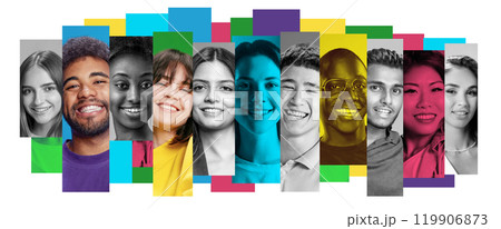 Collage. Close up portraits of men and women smiling and laughing, in vibrant and monochrome filters. 119906873