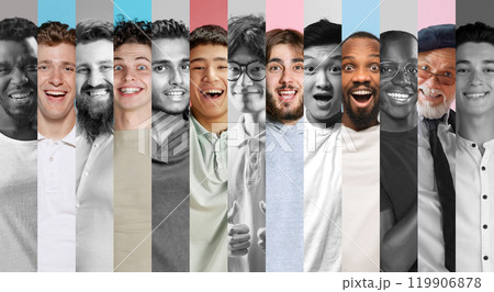 Men's portraits with contrasting colors and monochrome segments, creating depth and diversity. Men's portraits with contrasting colors and monochrome segments, creating depth and diversity. 119906878