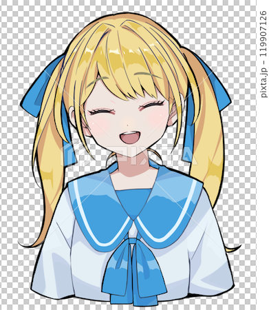 口を開けて笑う金髪ツインテールの女性のバストアップイラストの