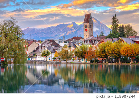 Interlaken, Switzerland on the Aare River at Dawn 119907244
