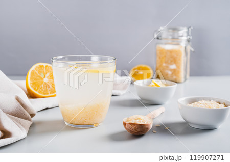 Drink for weight loss rice-zempic in a glass on the table 119907271