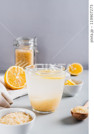 Drink for weight loss rice-zempic in a glass on the table vertical view Drink for weight loss rice-zempic in a glass on the table vertical view 119907273