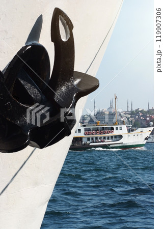 Istanbul Maritime Scene with Ship Anchor, Ferry, and Historic Skyline Istanbul Maritime Scene with Ship Anchor, Ferry, and Historic Skyline 119907306