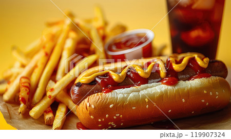 Hot dogs with ketchup, yellow mustard, fries and soda and french fries. Appetizing fast food 119907324