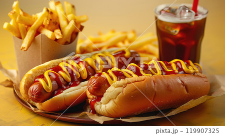 Hot dogs with ketchup, yellow mustard, fries and soda and french fries. Appetizing fast food 119907325