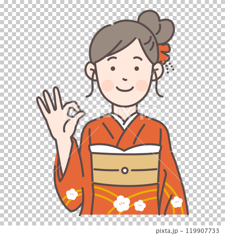OKサインを出す振袖の女性 119907733
