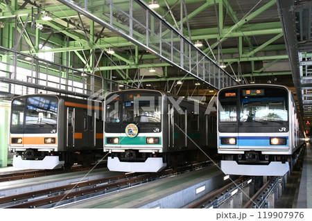 車両基地で並ぶ209系1000番台とE231系800番台(3編成とも団体表示) 車両基地で並ぶ209系1000番台とE231系800番台(3編成とも団体表示) 119907976