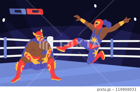 Wrestling show. Sport championship. Athletes fight at ring. Mexican luchadores in color traditional costumes and masks. Fighters battle. Lucha Libre competition. Garish vector concept Wrestling show. Sport championship. Athletes fight at ring. Mexican luchadores in color traditional costumes and masks. Fighters battle. Lucha Libre competition. Garish vector concept 119908031