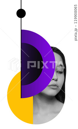 Half-face portrait of woman combined with purple and yellow geometric overlay against white background. Contemporary art collage. 119908065