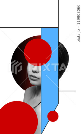 Monochrome portrait of woman with red circular shapes overlapping her face with blue elements on white background. Contemporary art collage. 119908066