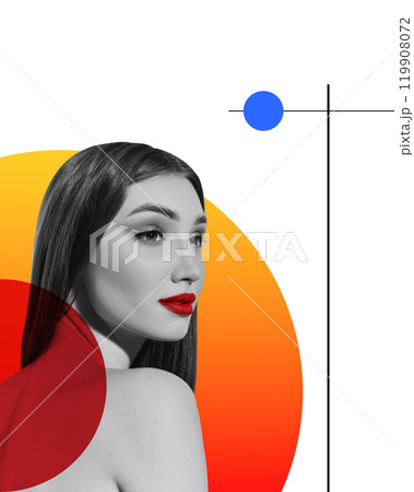 Monochrome portrait of young beautiful woman with red lips, set against white background with vibrant yellow and red geometric shapes. Contemporary art collage. 119908072