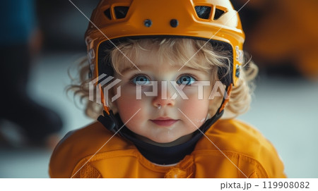 Close-up of young child with striking blue eyes, wearing hockey helmet on ice rink. Early dedication and passion for sports. Close-up of young child with striking blue eyes, wearing hockey helmet on ice rink. Early dedication and passion for sports. 119908082