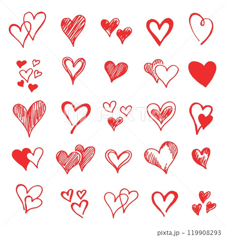 collection doodle set of hand drawn scribble hearts isolated red on white background collection doodle set of hand drawn scribble hearts isolated red on white background 119908293