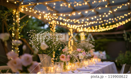 A beautifully arranged outdoor dining area featuring elegant tables adorned with flowers, soft candlelight, and twinkling fairy lights, creating an inviting atmosphere 119908622