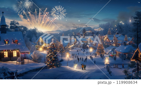 A charming winter village comes alive with colorful holiday lights as fireworks illuminate the night sky. Snow blankets the ground, creating a magical atmosphere for celebrations A charming winter village comes alive with colorful holiday lights as fireworks illuminate the night sky. Snow blankets the ground, creating a magical atmosphere for celebrations 119908634