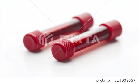 Two red-top blood collection tubes are positioned closely on a white background, ready for laboratory testing and medical analysis Two red-top blood collection tubes are positioned closely on a white background, ready for laboratory testing and medical analysis 119908657