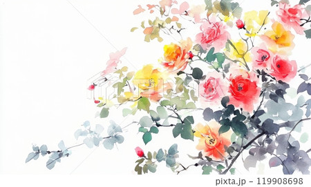 Delicate roses in shades of red, orange, and pink blend seamlessly with lush green leaves, creating a refreshing and cheerful ambiance perfect for spring or summer decor 119908698