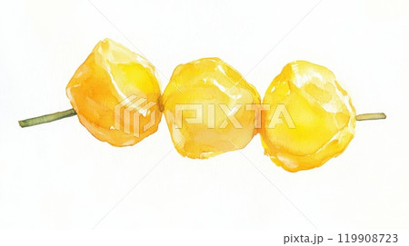 This artwork features three bright yellow fruits arranged on a stick, highlighting their glossy surfaces and cheerful appearance, ideal for decorative or food-related applications This artwork features three bright yellow fruits arranged on a stick, highlighting their glossy surfaces and cheerful appearance, ideal for decorative or food-related applications 119908723