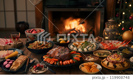 A beautifully arranged table displays an array of traditional holiday dishes, all set by a warm fireplace adorned with festive decorations and glowing lights 119908748