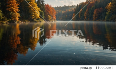 Around the lake there are colorful trees with leaves of warm shades 119908861