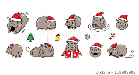 pygmy hippo icon christmas santa claus Baby Hippo snowflake candy cane gift box vector hippopotamuses zoo pet animal cartoon character logo symbol illustration clip art isolated design 119908908