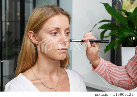 The process of creating makeup. Makeup artist working with a brush on the face of the model. The process of creating makeup. Makeup artist working with a brush on the face of the model. 119909125