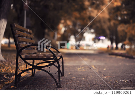 Autumn park bench, rainy texture background. Rain in autumn park, drops of water, wind. Autumn park bench, rainy texture background. Rain in autumn park, drops of water, wind. 119909261