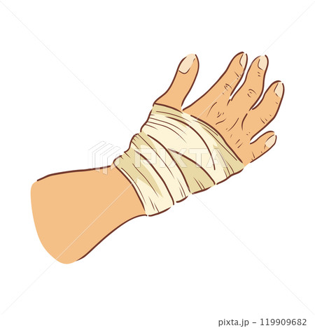 Bandaged hand palm in flat design. Wrist with trauma in bandage apply. Vector illustration isolated. 119909682