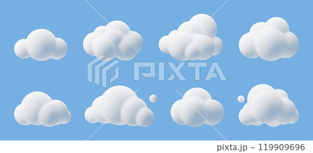 Cartoon 3d clouds. Cumulus bubbled clouds in kids style, white fluffy render objects, rounded geometric cloudy shapes, cute weather element, meteorology icons, cloudscape isolated vector set 119909696