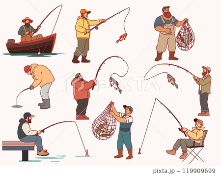 Cartoon people are fishing. Male fishermen characters with fishing rods and nets in boats on lake, winter and summer catching process, men hobby recreation, leisure time, vector isolated set Cartoon people are fishing. Male fishermen characters with fishing rods and nets in boats on lake, winter and summer catching process, men hobby recreation, leisure time, vector isolated set 119909699
