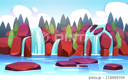 Lake rocky shore with waterfalls. Picturesque mountain landscape with pond, nature corner, cascading water streams. Aqua falling from cliffs. Cartoon flat isolated tidy vector concept 119909704