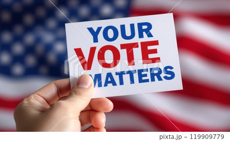 Election United States, hand dropping vote, ballot box, Voter Holds Envelope, putting paper ballots, election day, american flag, election place, Background With Copy-Space 119909779