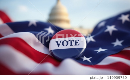 Vote election badge, Freedom Democracy Concept, american flag, blurred background, U.S. Capitol, vote USA 2024, election place 119909780