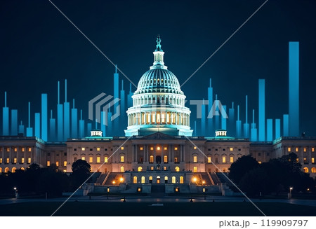 US Capitol graphs, Capitol Building, stock market graphics, rising bar lines, White House, digital finance graphs, symbolizing economic trends. 119909797