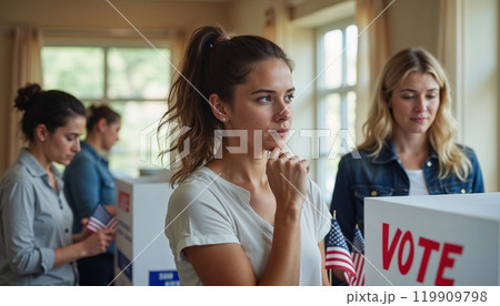 people voting, election place, polling station, Voting box, ballot papers, Freedom Democracy Concept, vote ballot, Background With Copy-Space, USA flags blurred background, Democratic election, 119909798