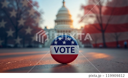 Vote election badge, Freedom Democracy Concept, american flag, blurred background, U.S. Capitol, vote USA 2024, election place 119909812