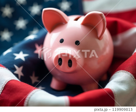 American economic crisis, piggy bank, american flag, saving money, american deposit, Pink piggy 119909813