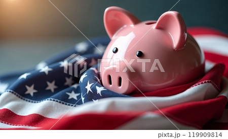 American economic crisis, piggy bank, american flag, saving money, american deposit, Pink piggy 119909814