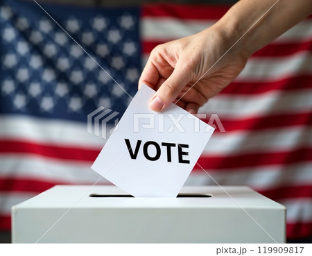 Hand drops ballot, Voting box, ballot papers, Elections voting, Containing democracy, white piece of paper into a box, Election campaign 119909817