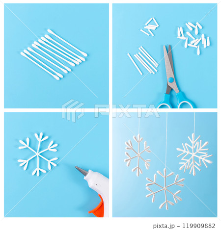 Step-by-step collage of handmade snowflake ornaments crafted from cotton swabs with scissors and hot glue gun on a blue background. DIY Christmas and winter holiday craft tutorial concept 119909882