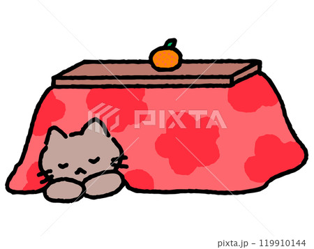 猫がこたつで丸くなっている手描きイラスト 119910144