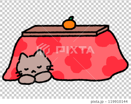 Hand-drawn illustration of a cat curled up in a kotatsu 119910144