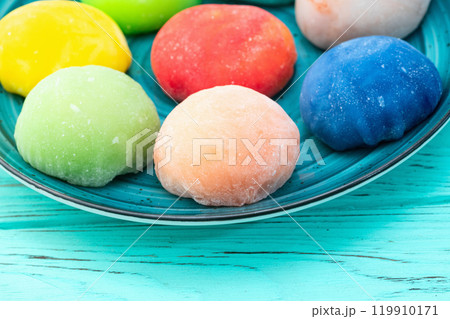 Mix of colorful mochi . Traditional japanese dessert 119910171