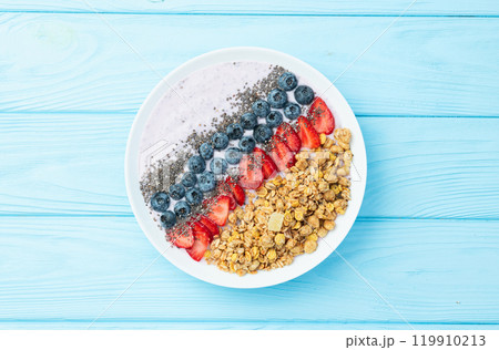 Healthy breakfast . Yogurt with berries ( strawberry , raspberry , blueberry , blackberry ) , granola and chia seeds . Top view Healthy breakfast . Yogurt with berries ( strawberry , raspberry , blueberry , blackberry ) , granola and chia seeds . Top view 119910213