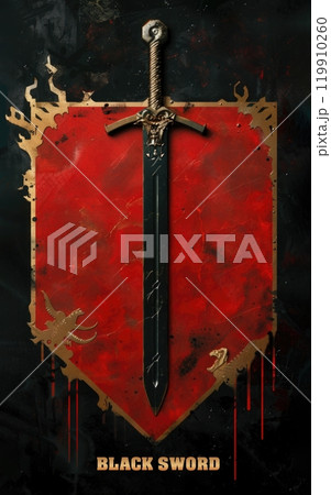 Black sword against the background of a blood red pennant in a gold frame 119910260